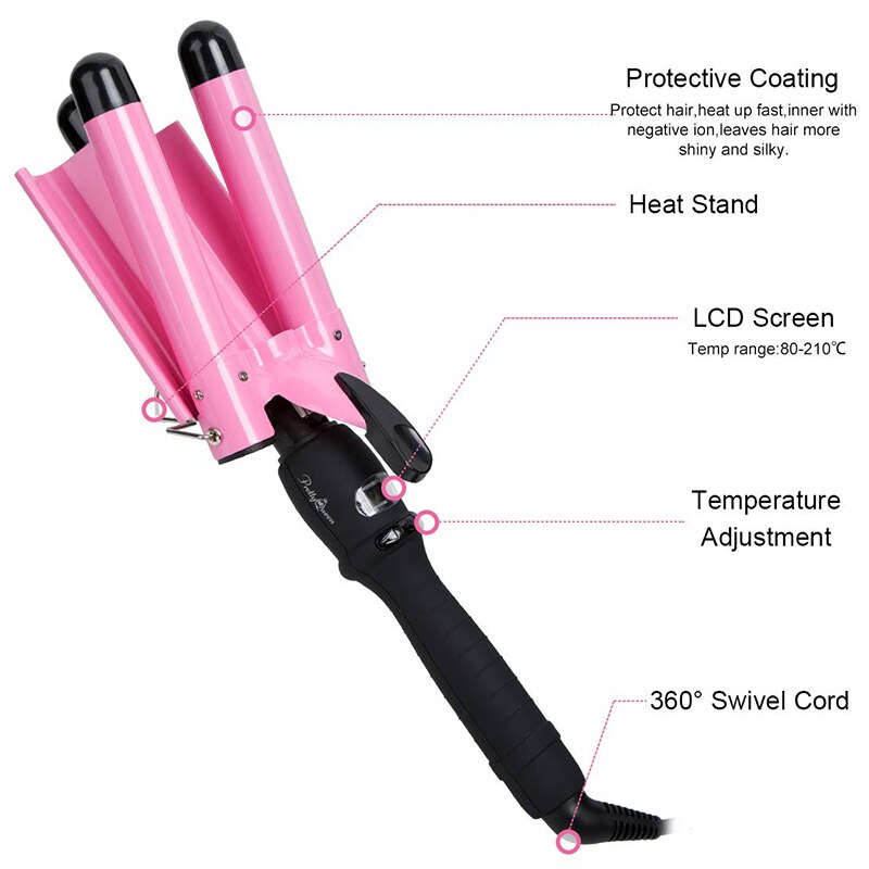LED Ceramic Triple Barrel Hair Curling Iron Waver