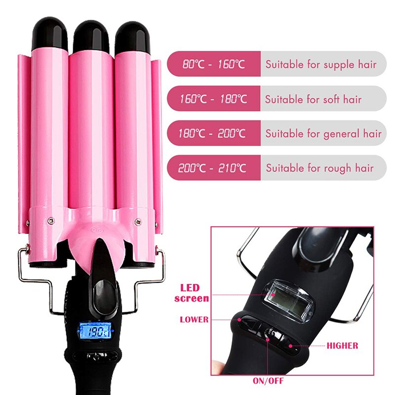 LED Ceramic Triple Barrel Hair Curling Iron Waver