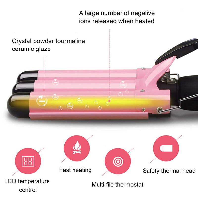 LED Ceramic Triple Barrel Hair Curling Iron Waver