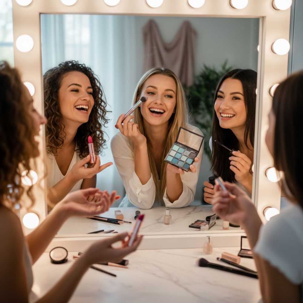 Three women laughing and applying makeup at lighted vanity mirror