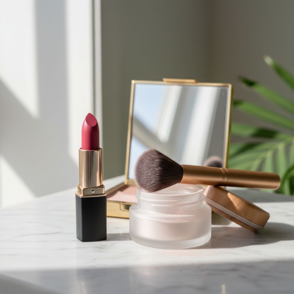 Pink lipstick makeup brush and powder jar on marble surface