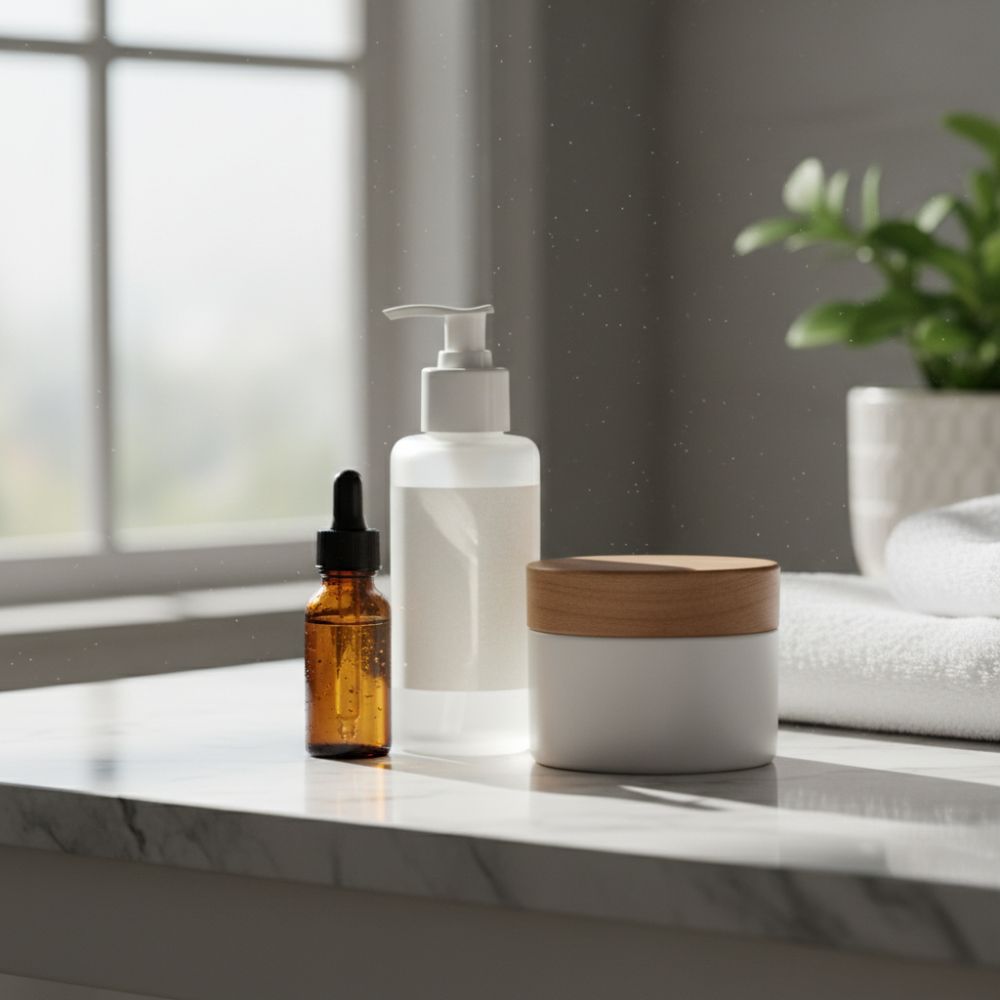 Amber serum bottle pump dispenser and cream jar on marble