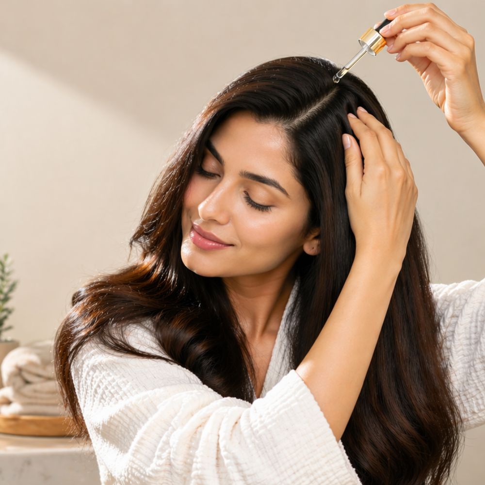 Woman applying dropper hair serum to scalp with eyes closed